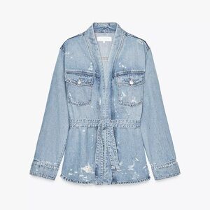 Zara Belted Distressed Denim Jacket in light blue Size Small